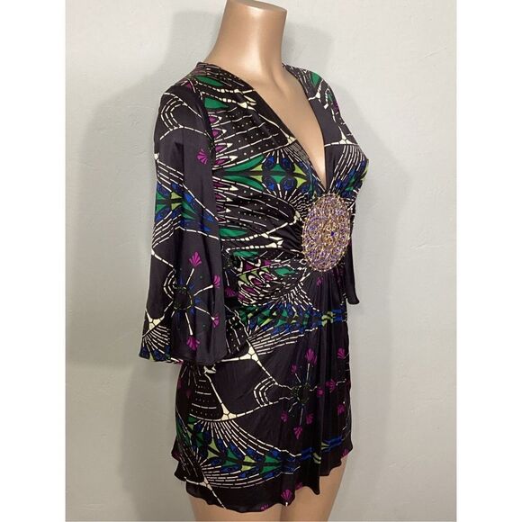 New. SKY silk multicolored mini dress with jeweled medallion. Retails$229 - Picture 4 of 6